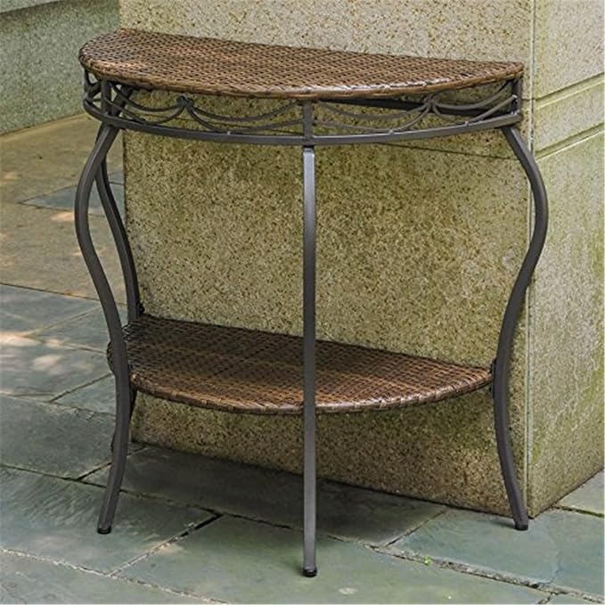 Maykoosh Victorian Half Moon Wall Table - Indoor Outdoor Decor - Antique Brown Wicker & Steel Console Table