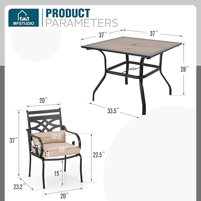 MFSTUDIO Patio Dining Set, 37" Square Wood-Look Table, Fixed Chairs | Umbrella Hole, Seats 4, All-Weather Use