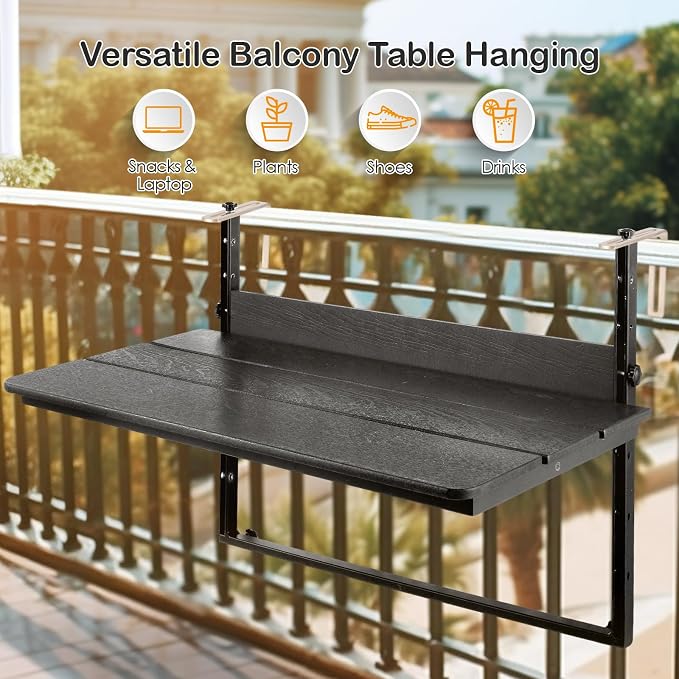 Balcony Railing Hanging Table Outdoor Folding Balcony Bar Table for Railings Patio Side Table with Adjustable Height for Deck, Patio,31.5"(L) x 15.0"(W), Black