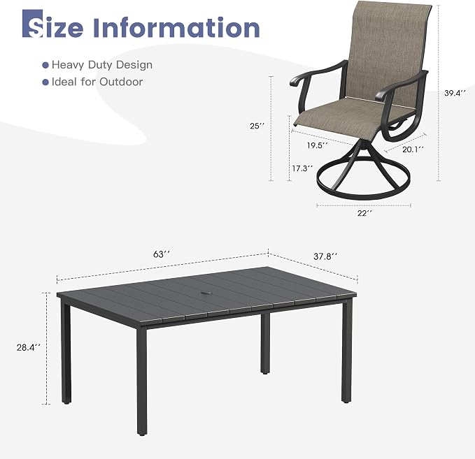 VICLLAX 7 Pieces Patio Dining Set, Patio Furniture Set of 6 Patio Swivel Dining Chairs and Rectangular Patio Table, Mixed Brown Chairs & Black Tabletop
