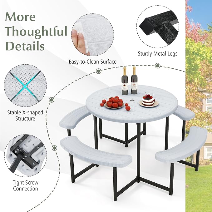 LDAILY Picnic Tables with Benches, Round Picnic Dining Table with 1520 lbs Capacity Metal Frame, HDPE Tabletop & Umbrella Hole, 8-Person Plastic Picnic Tables for Outdoors, Patio, Lawn, Yard (White)