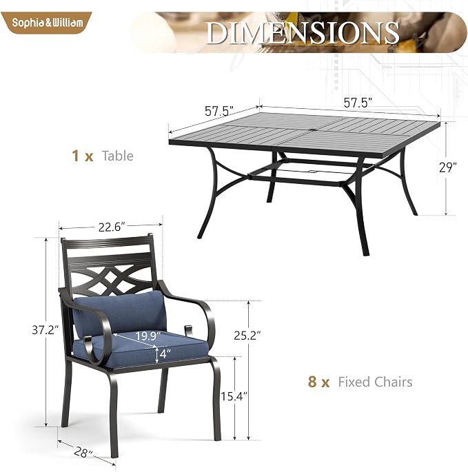 Sophia & William Patio Dining Set, Steel, Black | Umbrella Hole, E-Coated, Cushions Included, For Patio, Garden and Yard