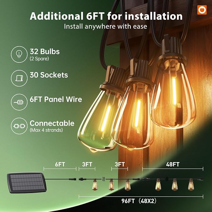 addlon 102FT(96+6) Solar String Lights Outdoor with Remote, Last 30+ Hrs | Waterproof Patio Lights with 30 Shatterproof LED Bulbs, Dimmable & Timable Solar Light for Backyard Camping Garden Decor