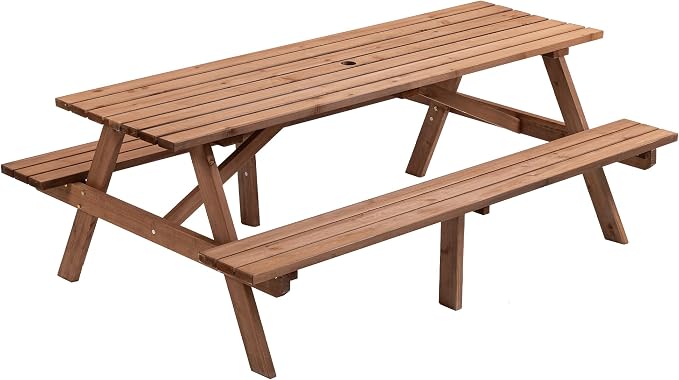 75" Wood Rectangular Picnic Tables with Benches and Umbrella Hole, Classic Picnic Table Bench Set for 6 or 8 Person for Outdoors, Backyard, Porch, Patio, and Deck, 2220lb Capacity,Walnut Brown