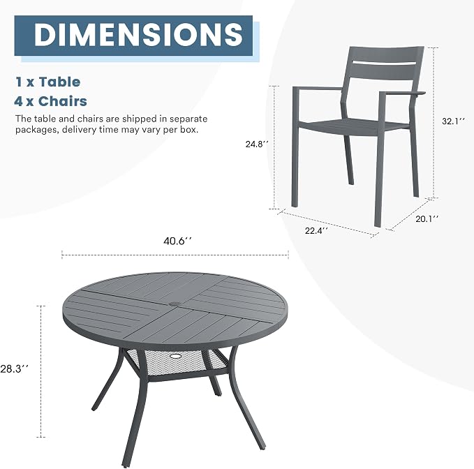 DIFY 5 Piece Outdoor Patio Dining Set for 4, 40.6" Round Dining Table with Umbrella Hole and Stackable Metal Chairs, Patio Table and Chairs Set for Backyard Garden Poolside, Grey