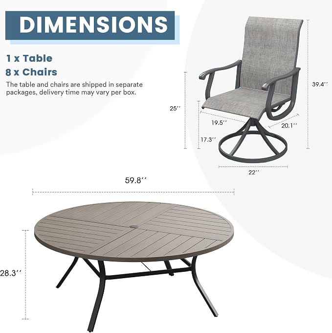 DIFY Patio Table and Chairs Set for 8, 9 Piece Outdoor Dining Set, 59.8" Grey Wood-Like Round Metal Dining Table with Umbrella Hole and 8 Grey Textilene Swivel Patio Chairs, for Garden Backyard Deck