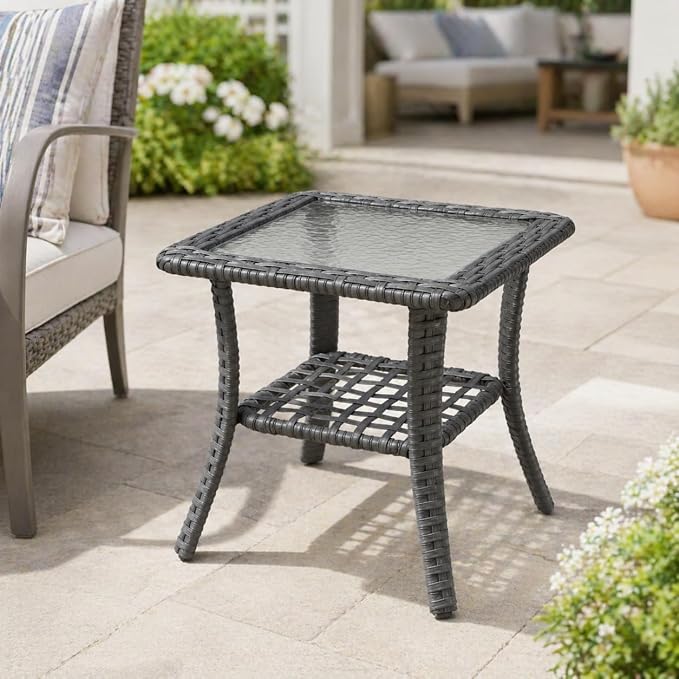 Patio Wicker Side Table - Rattan End Table with Glass Top for Outdoor Patio, Porch, Deck, Square ,Grey Wicker