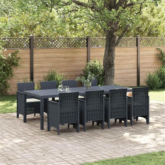 Afuera Living Contemporary Poly Rattan Patio Dining Set, Anthracite Matte Finish, Rectangular Design, Foam-Filled Cushions, UV-Resistant Material, Seats 10, Sleek Outdoor Furniture for Gardens and
