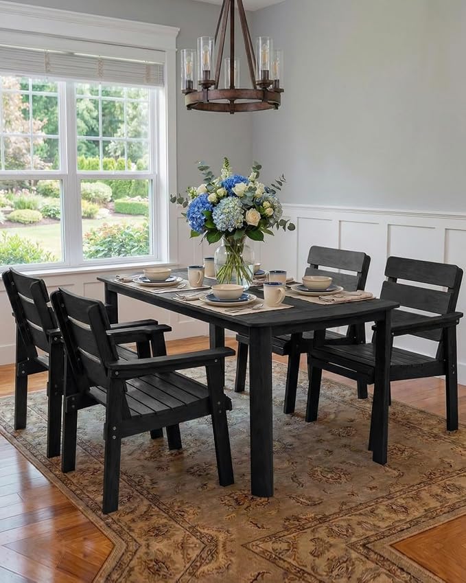 5-Piece Outdoor Dining Set, All-Weather HIPS Patio Table & Chairs for 4, Outdoor Furniture with Umbrella Hole, Ideal for Garden, Poolside, Backyard, Deck, Black