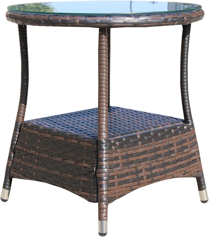 Patio Wicker Side Table 21" Round – Outdoor Coffee Table with Storage Shelf & Tempered Glass Top, PE Rattan End Table for Backyard Balcony Garden, 120 lbs Capacity, Brown