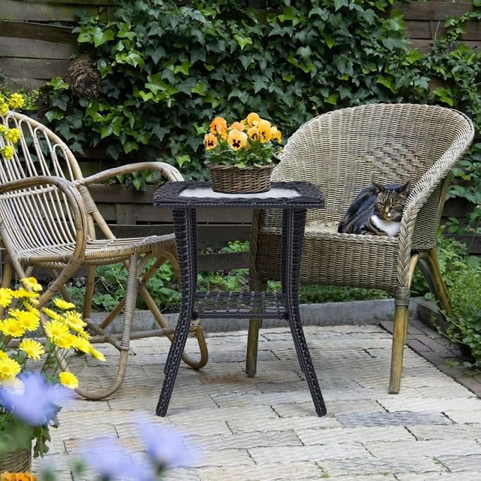 Patio Wicker Side Table, Outdoor PE Rattan End Table with Tempered Glass Top and 2-Tier Storage Shelf, Square Coffee Table for Deck Porch Garden Backyard- Black