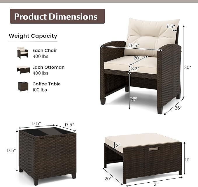 HAPPYGRILL 5-Piece Outdoor PE Rattan Conversation Set, Wicker Patio Furniture Set with Cushion, Ottoman & Coffee Table for Backyard Garden Poolside Lawn Deck Porch (Mix Brown & Off White)