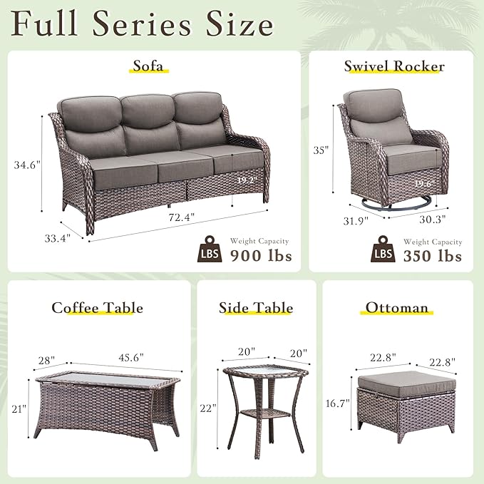 Luxury High Back Outdoor Furniture with 6-inch Extra Thick Cushions, Patio Furniture Set with Swivel Chairs, 4 PCS Wicker Patio Set for Yard, Deck, Poolside, Brown/Grey