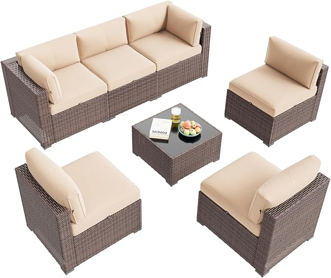 Aoxun Patio Furniture Set, 7 Piece Outdoor Sectional Sofas with Waterprool Cover, Wicker Rattan Outdoor Furniture Patio Conversation Set for Backyard, Garden (Brown Rattan Beige Cushions)