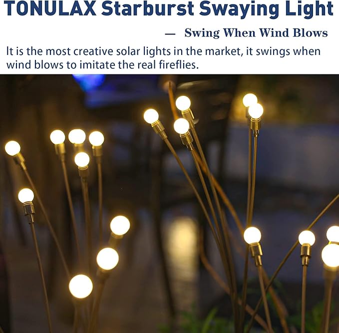 TONULAX Solar Garden Lights - 6 Pack 48 LED Upgraded Solar Swaying Light, Sway by Wind, Outdoor Lights, Yard Patio Pathway Decoration, High Flexibility Iron Wire & Heavy Bulb Base, Warm White