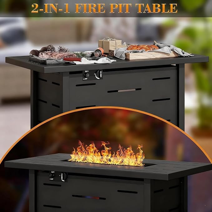 JAMFLY 4-Piece Patio Furniture Set with 43" Propane Fire Pit Table, Grey | All-Weather PE Wicker Sectional Sofa, Outdoor Conversation Set for Garden, Backyard & Deck