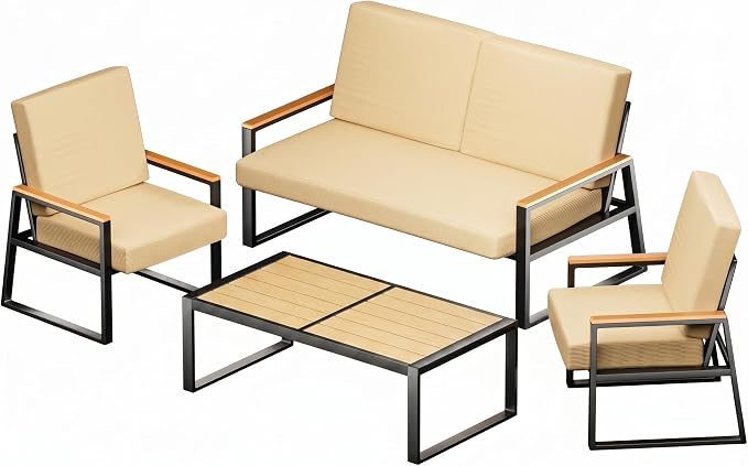 Gizoon 4-Piece Outdoor Patio Furniture Set with Coffee Table and Removable Cushions, Metal Patio Conversation Set for Family, Yard, Poolside (Gray)