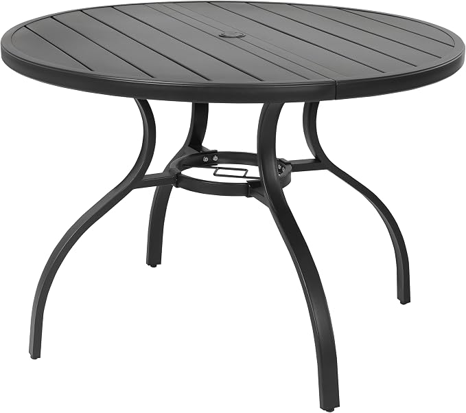 NUU GARDEN 41" Round Metal Outdoor Patio Dining Table for 4, All-Weather Slatted Outdoor Table with 1.57" Umbrella Hole and Adjustable Feet for Lawn Garden Backyard, Black