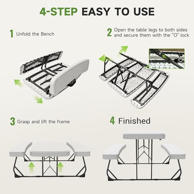 Picnic Table with Benches, Durable All-Weather Steel Frame, Stable & Easy to Clean, Portable Camping Table and Chairs for Outdoor & Indoor Use