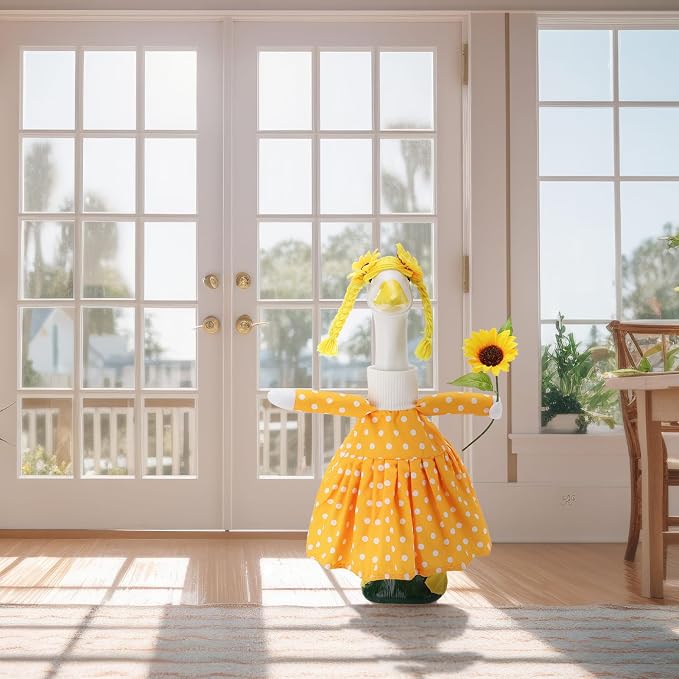 4pcs Sunflower Porch Goose Outfit for 23 Inch Geese Lawn | Summer Porch Goose Clothes with Polka Dot Dress Floral Bandana Yarn Braid Wig Sunflower Prop for Patio Yard Decor