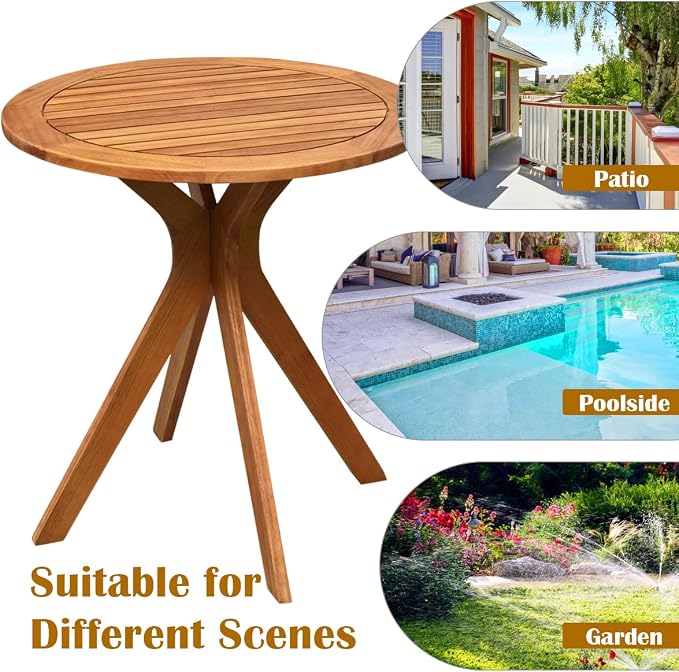 27.5” Outdoor Bistro Table, Eucalyptus Wooden Cafe Table, Round Bar Patio Table, Balcony Table, Side Dinning Table for Garden, Deck & Porch, Teak Finish