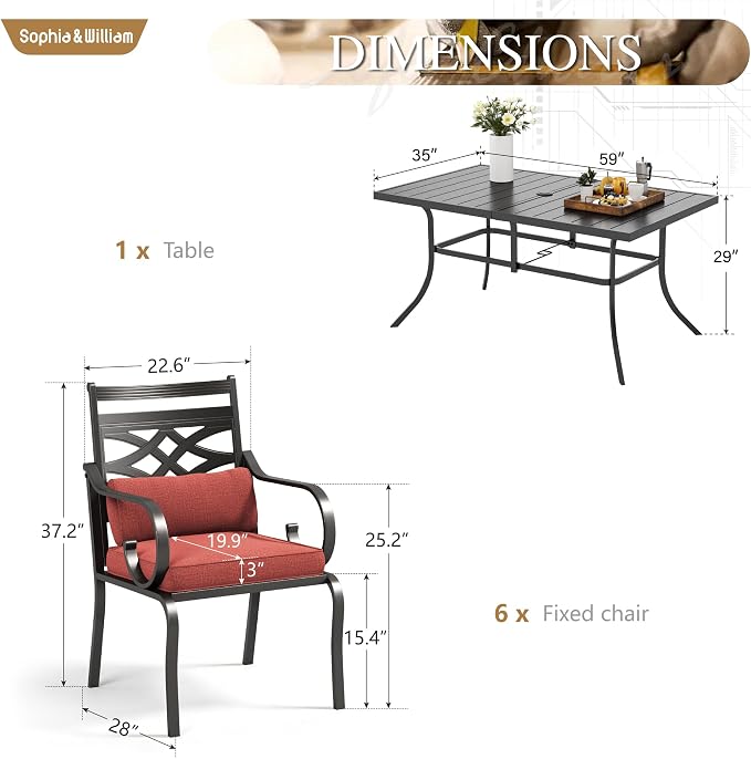 Sophia & William Patio Dining Set, Steel, Red | Umbrella Hole, E-Coated, Cushions Included, For Patio, Garden and Yard
