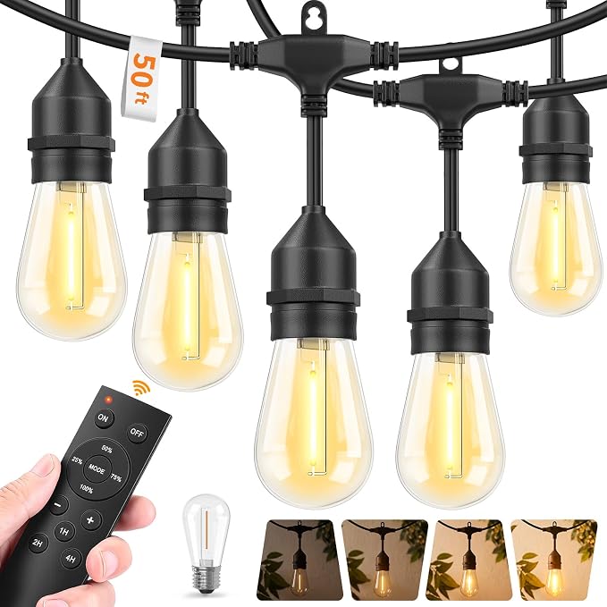 Hotsonic Remote Control Outdoor String Lights Waterproof, 50 FT LED Outside Lights with Shatterproof Bulbs, Dimmable Hanging S14 Lights 3 Modes for Patio Porch Garden pergola Yard Party House Decors