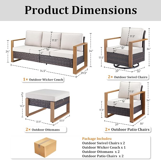 7-Piece Outdoor Patio Furniture Set with Swivel Chairs & Rattan Chairs, All-Weather Wicker Sofa Set for Garden, Yard, Porch and Poolside Seating Beige