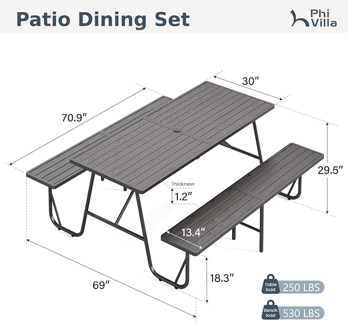 PHI VILLA 70" Outdoor Metal Table Bench Set for 4, w/Umbrella Hole | Black wood grain pattern, all weather. Dining furniture set for patio deck yard porch.