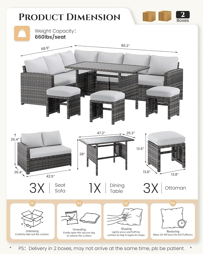 U-MAX 7 Pieces Patio Furniture Set, Outdoor Sectional Sofa Conversation Set, All Weather Wicker Rattan Dining Table & Chair with Ottoman, Grey Rattan&Light Grey Cushion