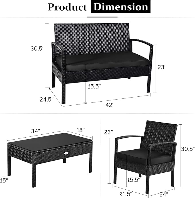 HAPPYGRILL 4-Piece Patio Conversation Set Outdoor Rattan Wicker Sofa & Coffee Table Furniture Set for Patio Garden Poolside
