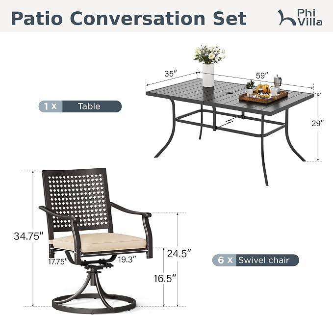 PHI VILLA Outdoor Dining Set for 6, 59" Metal Table & Chairs w/Cushions | 7 pcs black wrought iron furniture set w/ umbrella hole. All weather for patio, deck, yard, porch