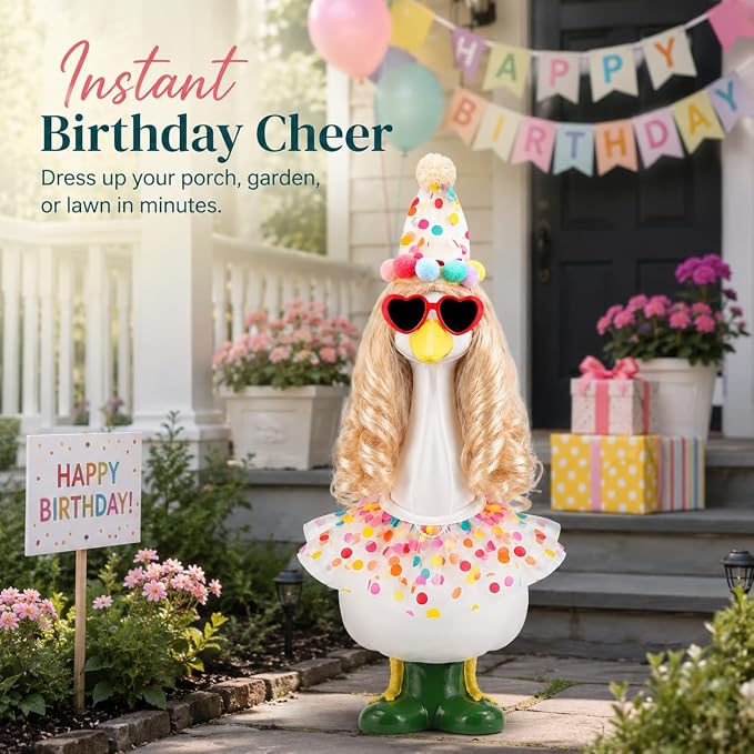 Birthday Porch Goose Outfit 1 Pack with Long Blonde Wig Happy Birthday Hat Scarf Porch Goose Outfits Party Style Outdoor Decor for Lawn Geese Statues