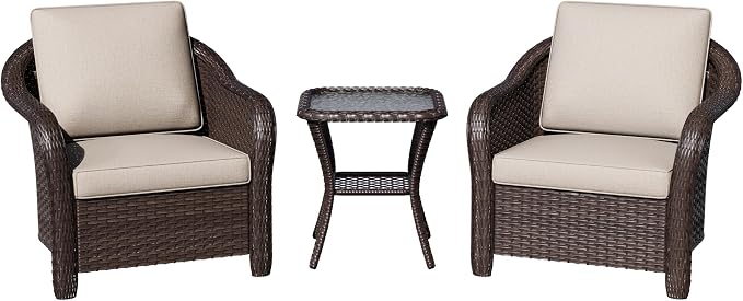 3 Piece Patio Wicker Bistro Set, 2 All-Weather Use Outdoor Wicker Chairs with PE Rattan Side Table,Ideal for Porch, Backyard, Balcony, Poolside, Beige