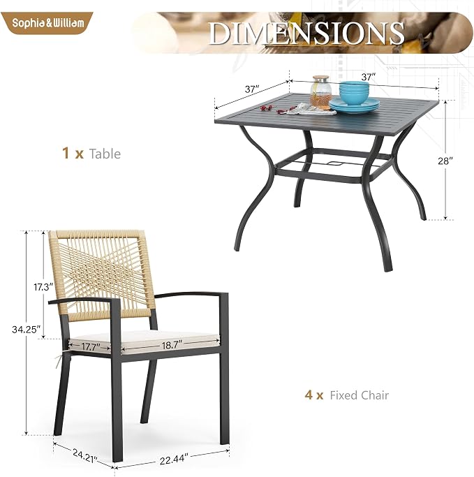 Sophia & William Outdoor Dining Set for 4, 37" Square Table, Wicker Chairs | 5 Piece Patio Dining Set, Square Patio Dining Table Set with Patio Wicker Chairs for Garden, Porch, Deck