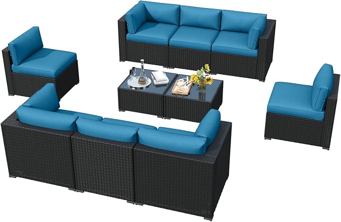 LazySunsets 10 Piece Outdoor Patio Furniture Set with Coffee Table, Outdoor Patio Furniture Sets with 4'' Thicken Cushion, Wicker Rattan Outdoor Conversation Set for Backyard & Garden, Peacock Blue