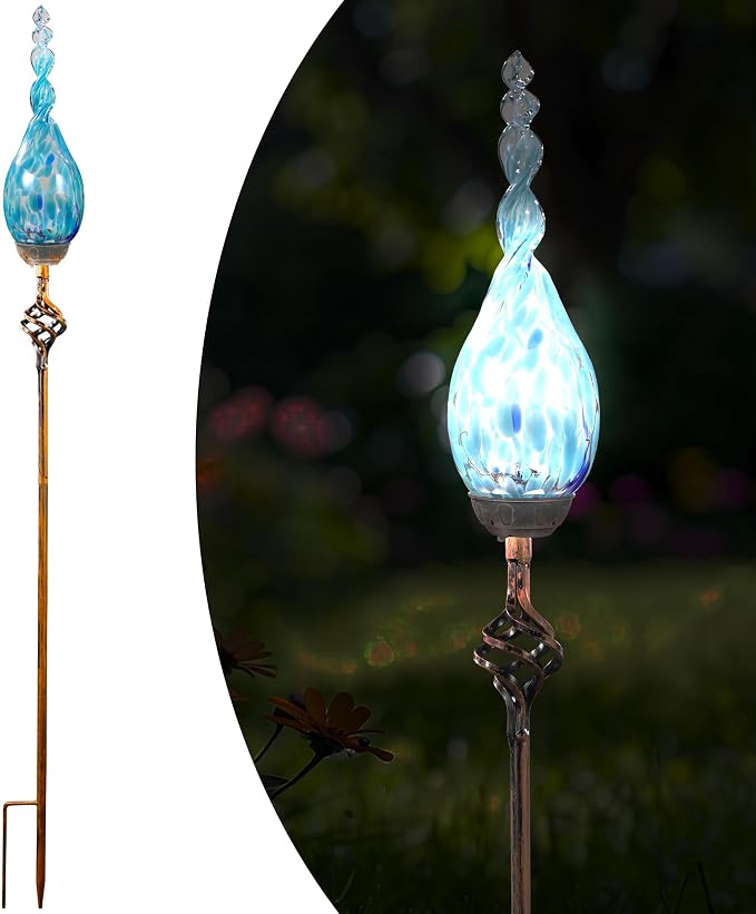 Decorative Garden Stakes, Outdoor Solar Flame Lights, LED Flame Glass Stakes, Waterproof Solar Powered Outdoor Lights for Outside Cemetery Driveway