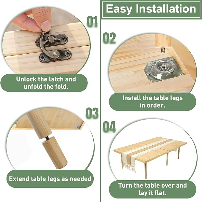 Folding Picnic Table with Table Runner, 60" x 30" Large Wooden Japanese Floor Table, Portable Boho Low Picnic Table, Adjustable Heights Legs, for Indoor Outdoor Camping, for 6-8 People