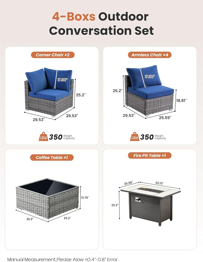 ovios Outdoor 8 Piece Patio Furniture Set with Fire Pit Table,Conversation Sectional Wicker Couch with Coffee Table,Modern Outside Sofa for Balcony Backyard, Beige