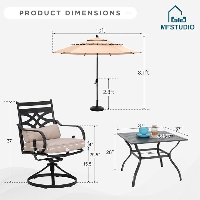 MFSTUDIO 6-Piece Patio Dining Set, 37" Square Metal Table, Swivel Chairs | Umbrella Included, Umbrella Base Not Included, Beige