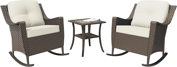 3 Pieces Patio Rocking Chairs, 2 High Back Rattan Furniture Set and Side Table, Outdoor PE Wicker Furniture Set, All Weather Patio Set with Waterproof Cushion for Porch and Deck