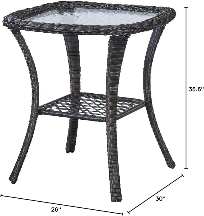Belord Small Outdoor Side Table - Tempered Glass Wicker Table, Waterproof Patio Coffee Table Rattan End Table with Storage, Brown