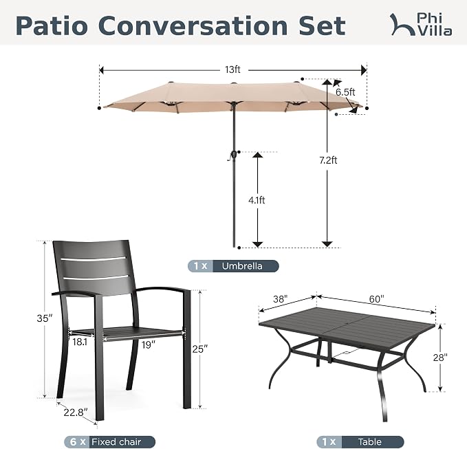 PHI VILLA 7 Pcs Outdoor Dining Set with Umbrella for 6(Beige) | 60" Rectangular Metal Table & Stacking Wrought Iron Chairs & 13ft Beige Umbrella, Outside Large Furniture