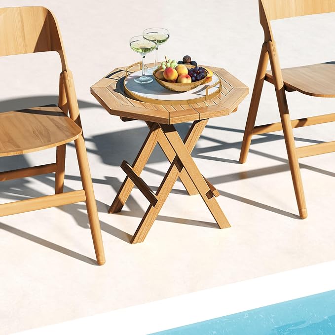 RELAX4LIFE Folding Outdoor Side Table - Teak Wood End Table, Octagonal Coffee Bistro Table w/Slatted Tabletop, Portable Picnic Camp Table for Poolside Porch Garden, Foldable Small Patio Table