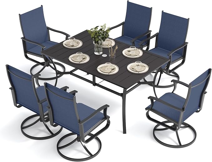 Amopatio 7 Pieces Patio Dining Set for 6, Outdoor Table and Chairs, 6 All Weather Swivel Patio Chairs, 59" Patio Spliced Rectangular Table with Umbrella Hole, for, Backyard & Poolside, Navy Blue