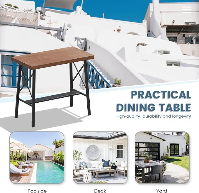 DIFY 40.5” Outdoor Bar Table, Patio Bar Height Pub Table, Long Narrow Bar Table with Sturdy Metal Frame for Bistro, Balcony and Garden, Walnut