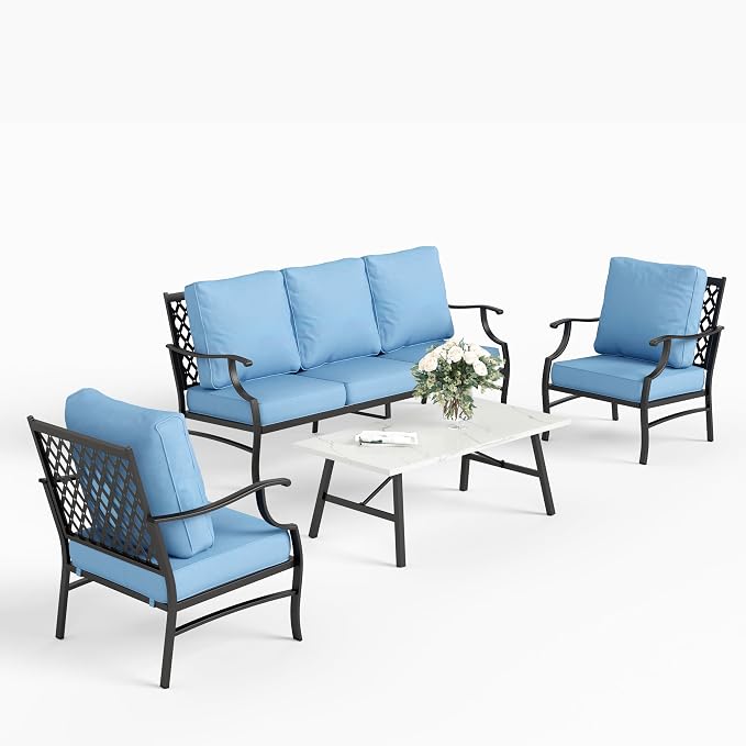 SUNSHINE VALLEY 4 Piece Metal Outdoor Patio Furniture Sets, Patio Conversation Sets 1 3-seater Sofa, 2 Fixed Chair with 5.75" Extra Thick Cushion and Coffee Table, Black Frame Backyard Furniture, Blue