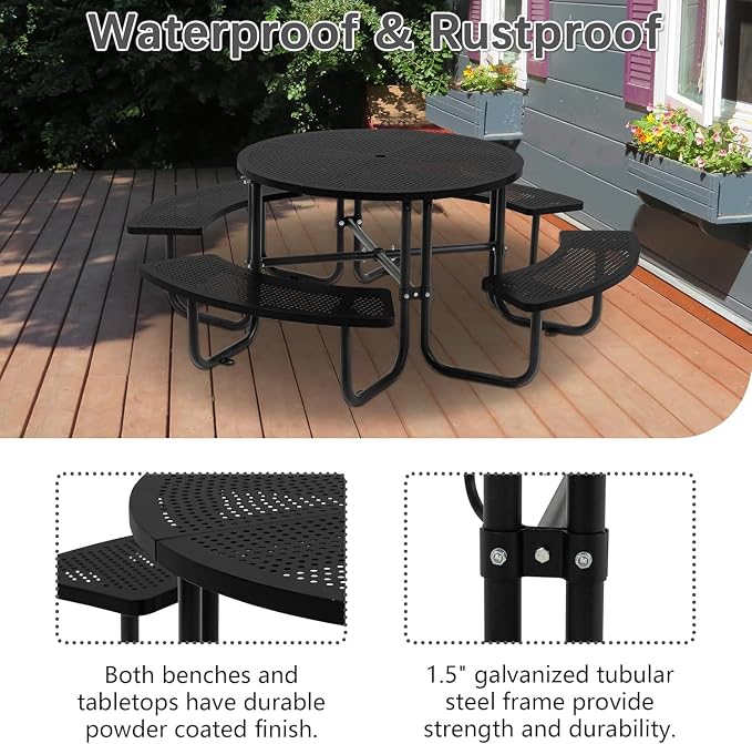 Coated Steel Heavy Duty Picnic Table for Outdoors 3200 lbs Load, Round Camping Table with 1.78" Umbrella Hole, Commercial Picnic Table with Benches, Black