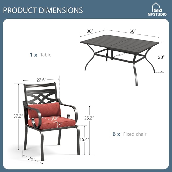 MFSTUDIO 7 PCS, Patio Dining Set, 60"×38", Umbrella Hole, Red | Steel, Metal, E-coated frame
