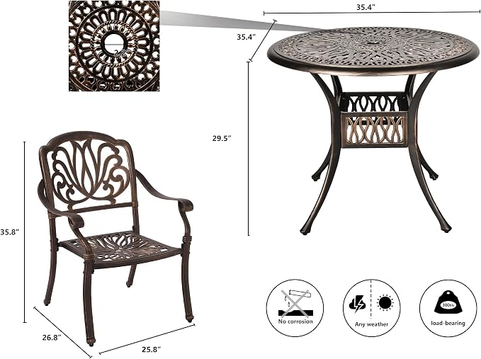 Grepatio 3 Piece All Weather Cast Aluminum Dining Set - 2 Elizabeth Chairs and 35.4" Bistro Table with Umbrella Hole -Outdoor Furniture Dining Set for Patio